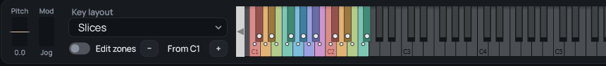 Frametron keyboard with keys colored like the slices they play