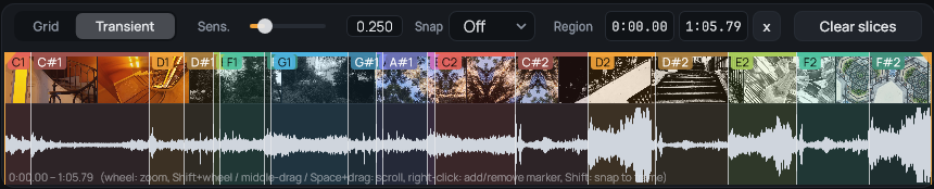 Frametron timeline with the video cut into colored slices, and the Grid and Transient slicing controls